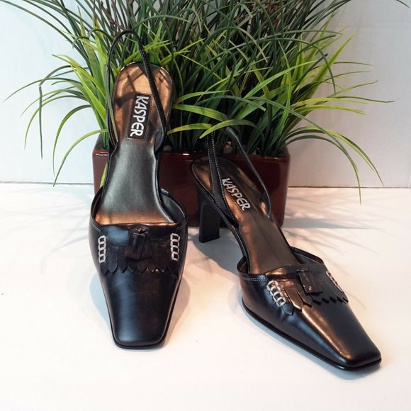 Kasper Shoes - Kasper Women's Black Leather Kitten Heels Size 8.5